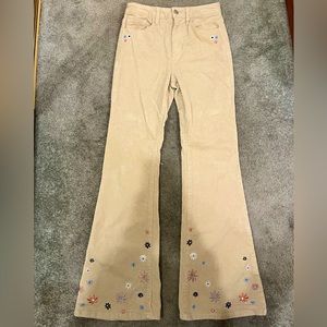Tan Bootcut Corduroy Pants with Embroidered Flowers! 🌸